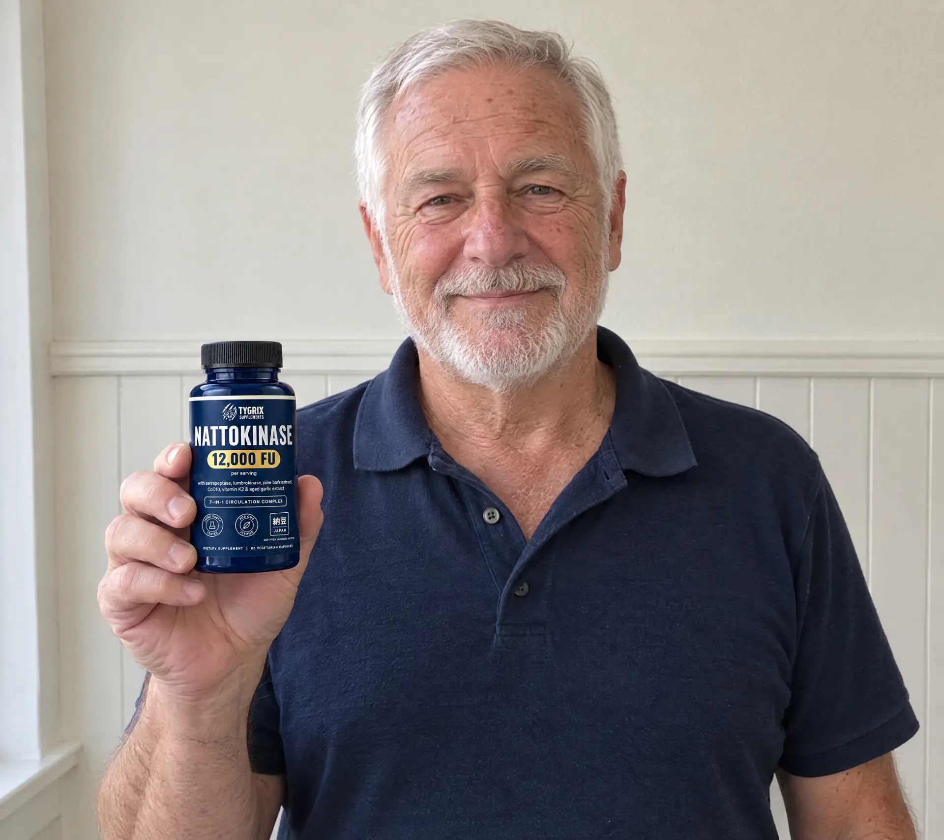 Harrold Aitchison holding a Tygrix Nattokinase bottle